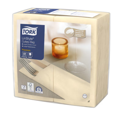 Tork Компостируеми салфетки за прибори LinStyle Compostable Napkin, 1/8 сгъвка с джоб, крем, 1 пл., 39 х 39 см, 50 бр.