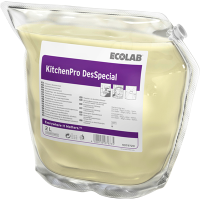 ECOLAB Почистващ и дезинфекциращ препарат за повърхности и оборудване в зони за приготвяне на храна KitchenPro DesSpecial, 2 л