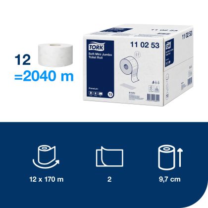Tork Тоалетна хартия на ролка Mini Jumbo, Premium, 12х170 метра – system T2