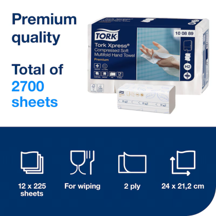 Tork Кърпи за ръце, сгънати, Premium, компресирани пачки, 2 пл., 12 x 225 кърпи - system H2